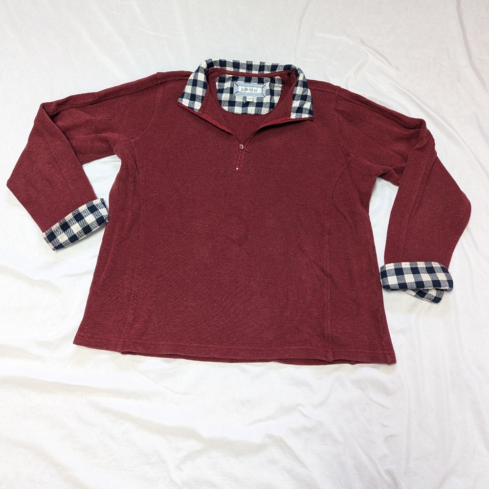 Orvis Men's Ribbed Pull Over 1/4 Zip Sweater  Plaid Contrast Collar STAIN READ